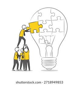 Trabalho em equipe que completa o quebra-cabeça de lâmpadas representa colaboração empresarial e inovação