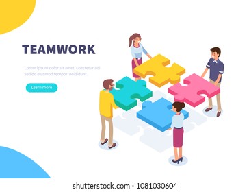 Teamwork concept banner. Can use for web banner, infographics, hero images. Flat isometric vector illustration isolated on white background.