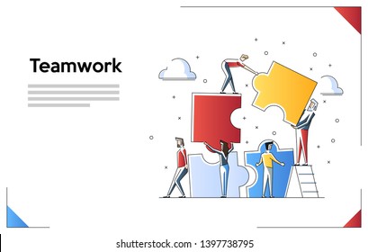 Cartel del concepto de trabajo en equipo. Se puede usar para banner web, infografías, imágenes de héroes. Ilustración vectorial de línea plana aislada en fondo blanco.