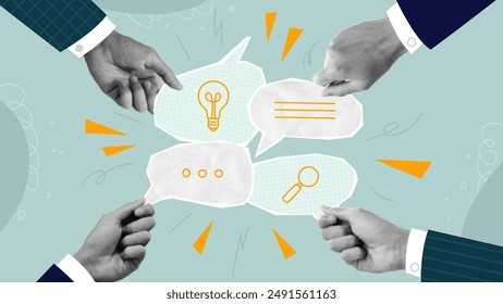 Teamwork concept banner. Concept of creative idea, brainstorm, networking, business planning and strategy. Vector illustration with paper cut out elements. Retro banner. Creative trend collage.