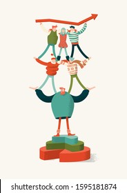 Teamwork concept banner.  Flat vector illustration group of people, who dressed winter clothes, standing in pyramide acrobatics position on a white background. The concept can uses for web banners, in