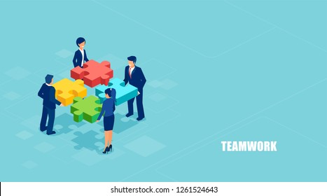 Teamwork concept banner. Isometric vector of business people solving a problem in team isolated on blue background.