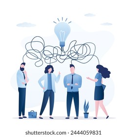 Trabajo en equipo, Anuncio conceptual. Búsqueda de ideas, lluvia de ideas de grupos de empresarios. Resolver problemas de negocios. Confusión de pensamientos. Bombilla grande. Superar obstáculos. Ilustración vectorial plana