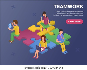 Teamwork concept banner. A team of four people are sitting on puzzles. Flat isometric vector illustration.