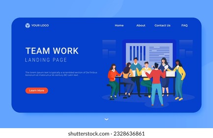 Teamwork Concept Based Landing Page Design in Blue Color, Illustration of Business People Working Together on Workplace.