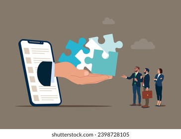 Teamwork concept. Big hand offer puzzles. Flat vector illustration