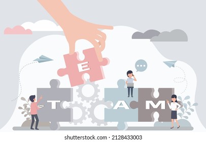 Teamwork concept. The big hand picked up the E puzzle and put it together in words. There are characters sitting on puzzles, stand and do activities with puzzles. Vector illustration Eps10.