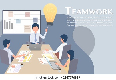 Teamwork concept. The boss has the idea to make the organization the most profitable. Brainstorm as a team. Vector illustration Eps10.