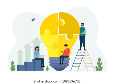 Teamwork concept with building lightbulb puzzle. Team metaphor. Business people teamwork. Flat vector illustration isolated on white background.