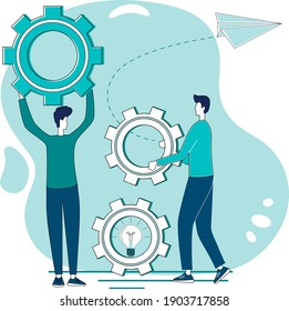 Teamwork.The concept of business development.A symbol of partnership and cooperation.People with gears in their hands.Flat vector illustration in the style of hand drawing.
