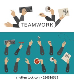 Teamwork concept with business hands. Simple vector flat illustration.