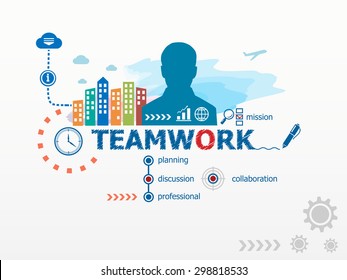 Teamwork concept and business man. Flat design illustration for business, consulting, finance, management, career.