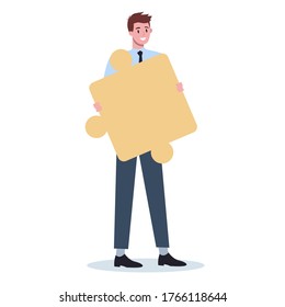 Teamwork concept. Business man holding piece of the puzzle. Worker collaboration, communication and solution. Flat vector illustration