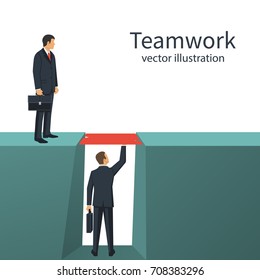 Teamwork concept. Business metaphor. Two businessmen solved the problem of overcoming the abyss. Vector illustration flat style design. Symbol of working together, cooperation, partnership.