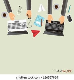 Teamwork concept. Business partners working together at office desk. Top view. Place for text. Vector illustration.