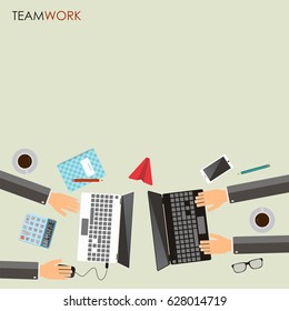 Teamwork concept. Business partners working together at office desk. Top view. Place for text. Vector illustration.
