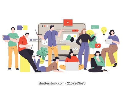 Teamwork concept. Business people doing presentation, working together, business meeting flat vector illustration