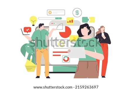 Teamwork concept. Business people doing presentation, working together, business meeting flat vector illustration