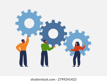 Teamwork concept with Business people hold and rotation cogwheel gears. Vector illustration