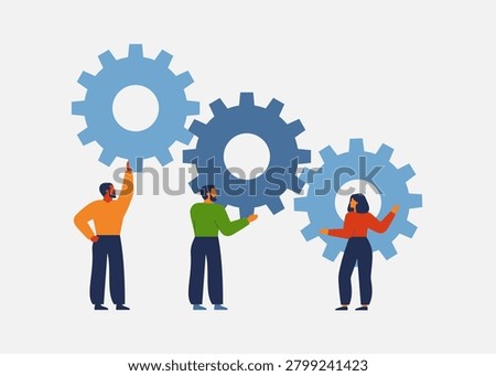 Teamwork concept with Business people hold and rotation cogwheel gears. Vector illustration