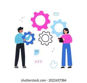 Teamwork concept. Business people launch a mechanism, connect gears. Hand drawn vector illustration flat style. Symbol of cooperation, partnership.