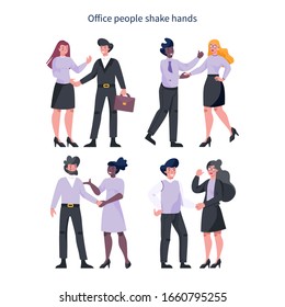 Teamwork concept. Business people shaking hands. Idea of businessmen working together and moving towards success. Partnership and collaboration. Flat abstract vector illustration