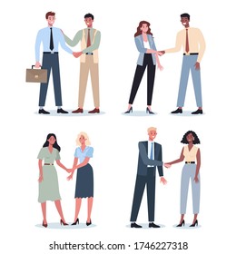 Teamwork concept. Business people shaking hands. Idea of businessmen working together and moving towards success. Partnership and collaboration. Flat abstract vector illustration