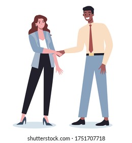 Teamwork concept. Business people shaking hands. Idea of businessmen working together and moving towards success. Partnership and collaboration. Flat abstract vector illustration