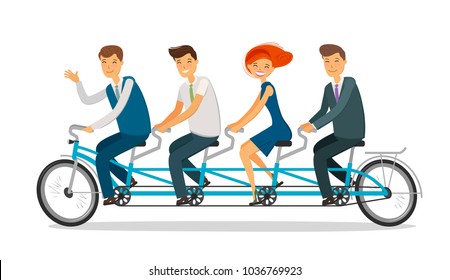 Teamwork concept. Business people or students riding tandem bike. Cartoon vector illustration