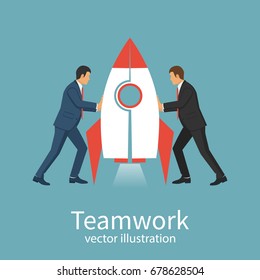 Teamwork concept business people Symbol of working together, cooperation, partnership metaphor. Two businessmen connecting puzzle rocket. Vector illustration flat style design. Solution collaboration.