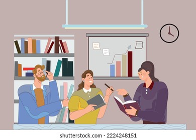 Teamwork concept. Business people working together. Young people meeting and discussion around the table. Study together, research, timing. Library books. Vector and Illustration.