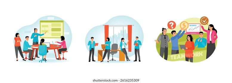 Teamwork concept. Business team having a meeting in the office. Discussing, brainstorming and analyzing financial statistics data. Set flat vector illustration