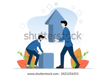 Teamwork concept in business. Business team putting up blocks with up arrow symbol, business growth concept, work environment helping each other to succeed. flat vector illustration.
