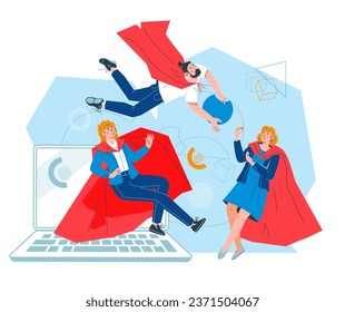 Teamwork concept, business team with superhero qualities acting to achieve success. Effective teamwork, enhance collaboration and improve productivity within business team, vector isolated.