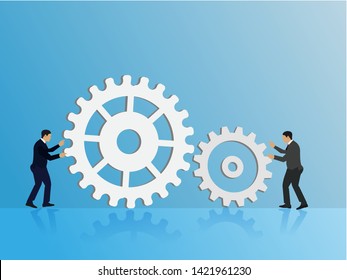 Teamwork concept with businessman. Flat style modern teamwork, workforce staff info graphic concept. Conceptual web illustration of business people on cog wheels. Corporate company ladder of success.