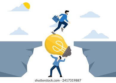 Teamwork concept, Businessman holding a light bulb bridging the gap for partners walking across the cliff, business support and teamwork concept. flat vector illustration on white background.