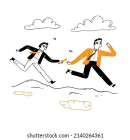 Teamwork concept: Businessman Passing Baton to His Colleague in Relay Race,  Hand drawn vector illustration.