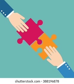Teamwork concept, Businessman put pieces of puzzle together