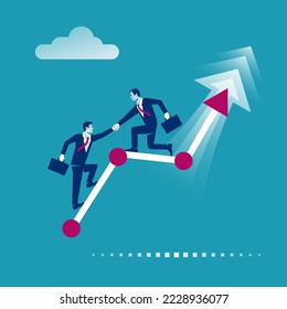 Teamwork concept. Businessman standing on growth chart. Give helping hand. Collaboration concept. Vector illustration flat design. Isolated on background. Business people work together to achieve goal