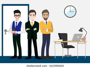 Teamwork concept with businessmen cartoon character design. three males standing in the office area. Flat vector illustration.