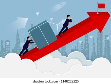 teamwork concept. Businessmen help push the barriers up the on red arrow go To the goal of financial business success. creative idea. vector illustration
