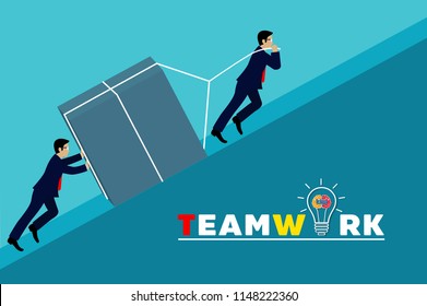 teamwork concept. Businessmen help push the barriers up the ramp go To the goal of financial business success. creative idea. vector illustration