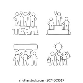 Teamwork concept, businessmen partnership and team communication. Vector cartoon icons set of people stand together, employee with leader, handshake, characters talk and holding idea