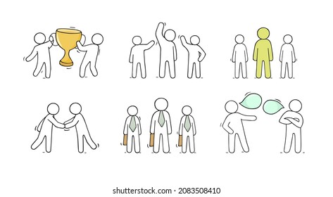 Teamwork concept, businessmen partnership and team communication. Vector cartoon icons set of people stand together, employee with leader, handshake, characters talk and holding trophy