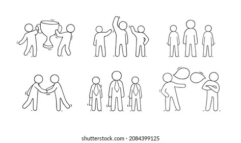 Teamwork concept, businessmen partnership and team communication. Vector cartoon icons set of people stand together, employee with leader, handshake, characters talk and holding trophy