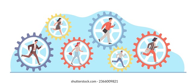 Teamwork concept, businessmen running inside machine gears. Male and female characters cooperation and collaboration, working together. Cartoon flat isolated vector partnership illustration