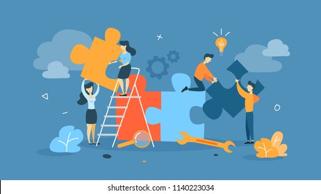 Teamwork concept. Businessmen working together and moving towards success. People with giant puzzle pieces. Idea of partnership and collaboration. Flat vector illustration