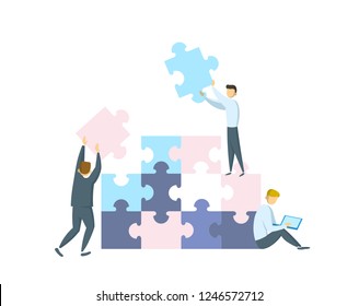 Teamwork concept. Businessmen working together and moving towards success. People with giant puzzle pieces. Partnership and collaboration. Flat vector illustration. Isolated on white background.