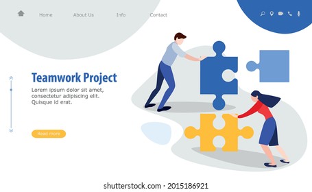 Teamwork concept. Businessmen working together and moving towards success. People with giant puzzle pieces. Idea of partnership and collaboration. Flat vector illustration
