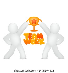 Teamwork concept card with two stickman characters holding golden cup. Vector illustration